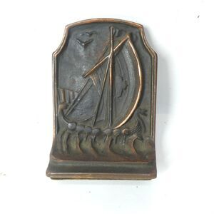 Cast Metal Bookend Viking Ship At Sea Vintage